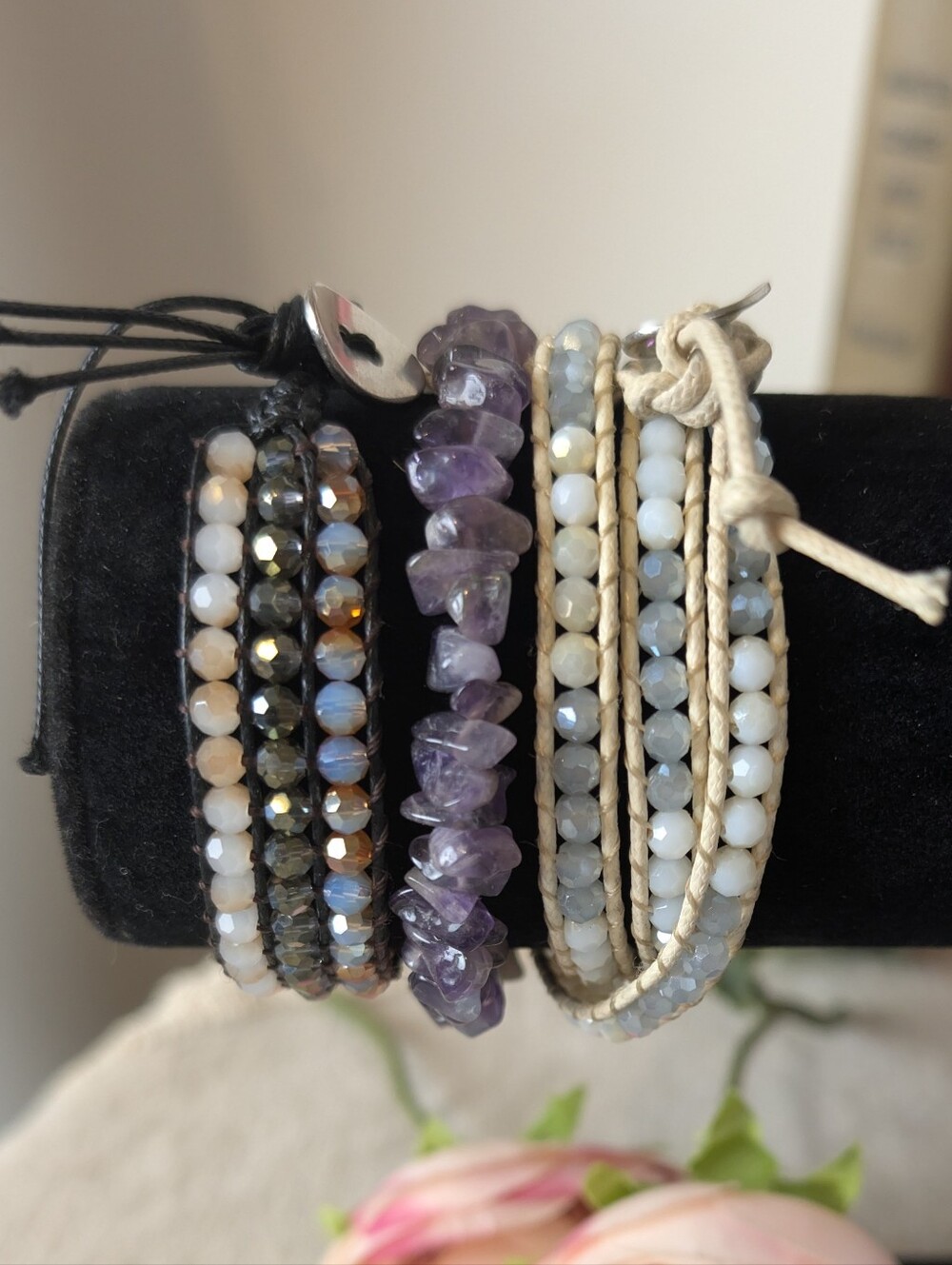 Amethyst Gemstone & Crystal Glass Bracelet Stack Boho Wrap Set of 3